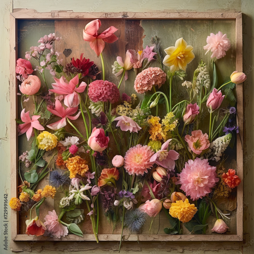 Obraz premium Flat lay spring background of freshly picked field fragrant flowers. Colorful love concept copy space from herbarium, collection of dried plant specimens on canvas. Nature is waking up.