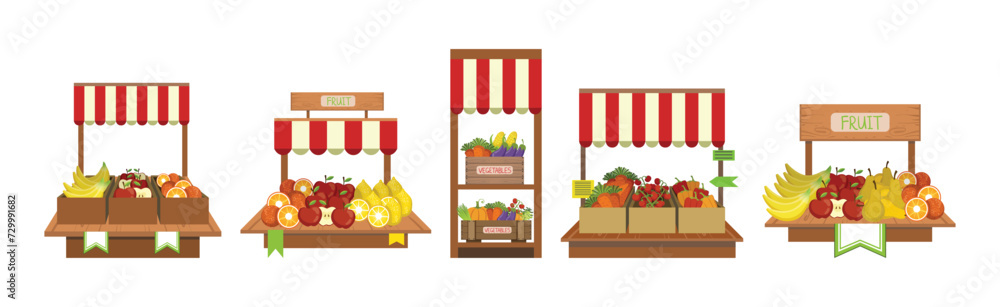 Obraz premium Market Stall with Ripe Fruit and Vegetables Crop Vector Set