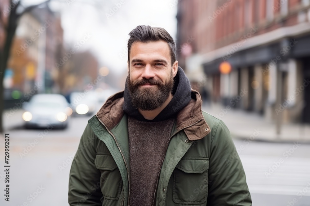 Portrait of a handsome bearded man on a city street in winter Portrait of a handsome bearded man on a city street in winter