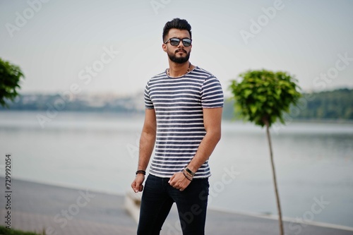 Handsome Tall Arabian Beard Man Model Stripped Shirt Posed Outdoor Fashionable Arab Guy Sunglasses