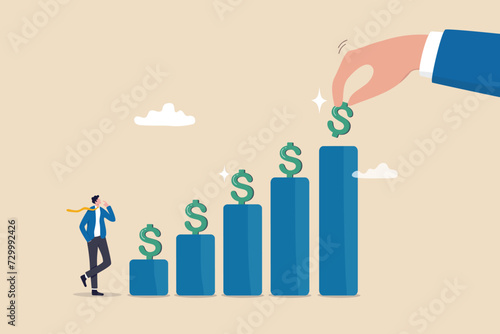 Investment dividends growth, increase profit and earning, passive income from stock market return, saving interest rate, capital gain concept, businessman put dollar sign on financial growth chart.