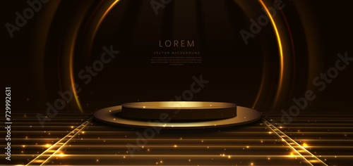 Elegant golden scene circle glowing with lighting effect sparkle on black background. Template circle podium premium award design.