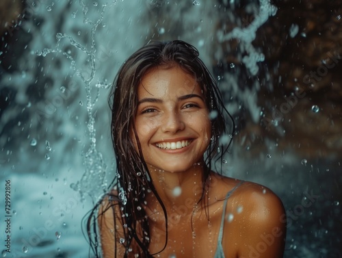 Cute Girl smile in waterfall