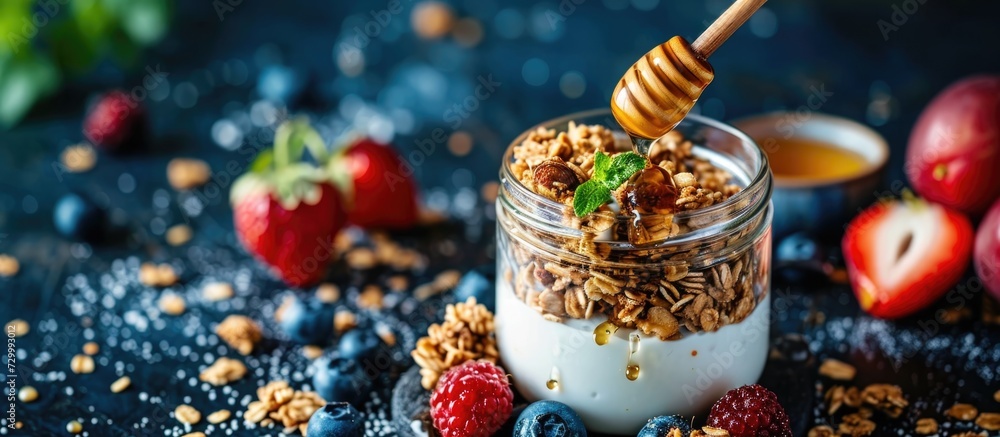 Yogurt and oat granola with fruits in a jar, drizzled with honey by hand.