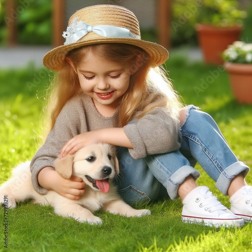 Cute girl with a puppy generative AI