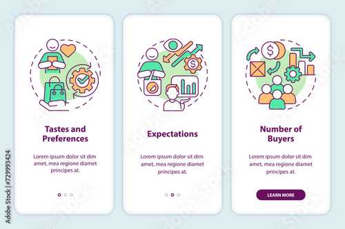 Determinants of demand onboarding mobile app screen. Law of supply walkthrough 3 steps editable graphic instructions with linear concepts. UI, UX, GUI template. Myriad Pro-Bold, Regular fonts used