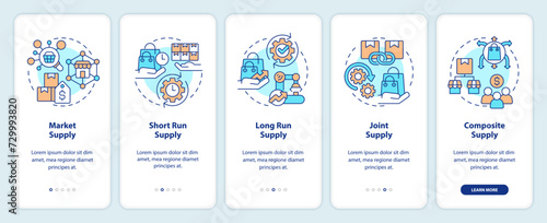 Market economics onboarding mobile app screen. Types of supplies walkthrough 5 steps editable graphic instructions with linear concepts. UI, UX, GUI template. Myriad Pro-Bold, Regular fonts used