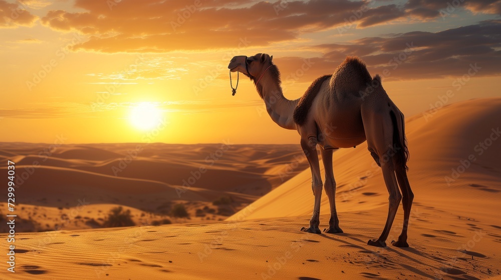 A serene desert scene comes to life with the graceful presence of a camel, standing tall amidst the golden sands as the sun sets. A serene desert scene comes to life with the graceful presence of a camel, standing tall amidst the golden sands as the sun sets.