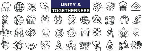 Unity, togetherness icons, global connection, teamwork, partnership. Ideal for corporate, community projects. Inclusive, multicultural symbols for universal harmony. Globe, hands, heart, people