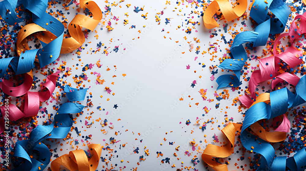 carnival decoration on a white background, center is empty, top-down-view