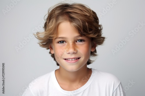 Portrait of a cute little boy with blond curly hair on a gray background