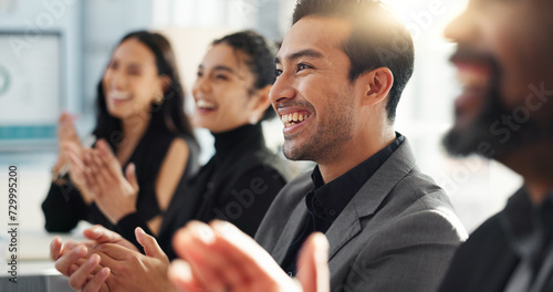 Business people, meeting and group applause in success, support or thank you for achievement, praise or promotion. Professional team of men and women clapping for news, congratulations or celebration photo