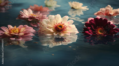 Zinnia petals delicately floating on the surface of water.