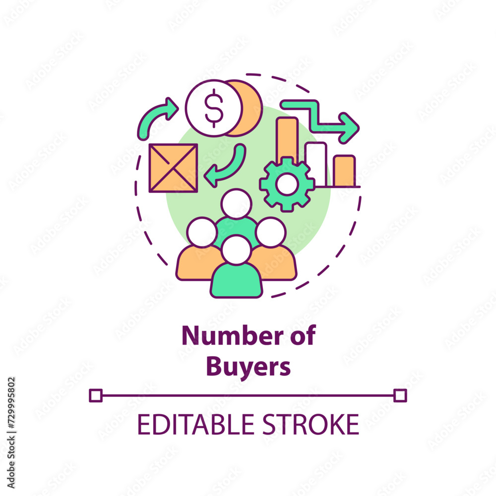 Number of buyers multi color concept icon. Potential buyers leads to higher demand for goods. Round shape line illustration. Abstract idea. Graphic design. Easy to use in brochure marketing Number of buyers multi color concept icon. Potential buyers leads to higher demand for goods. Round shape line illustration. Abstract idea. Graphic design. Easy to use in brochure marketing