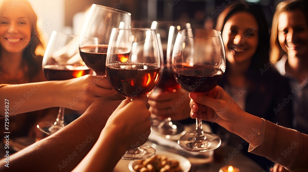 Friends toasting at a dinner table in a plain background setting , friends, toasting, dinner table