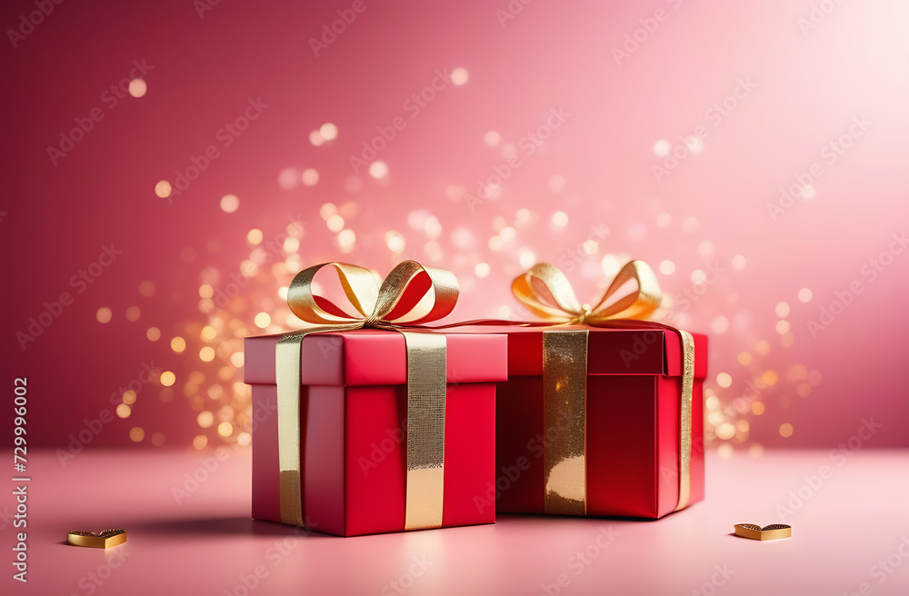 Two red gift boxes with gold ribbons and bows on a pink background with gold sparkles in the background. Selective focus. Two red gift boxes with gold ribbons and bows on a pink background with gold sparkles in the background. Selective focus.