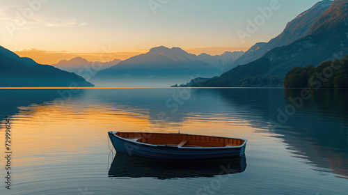 Solitary boat on a lake with a background of mountains in the distance at sunset