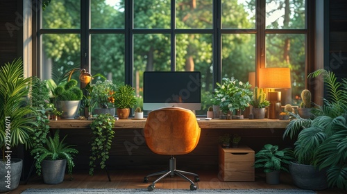 Bright Modern Home Office with Plants and Natural Light.