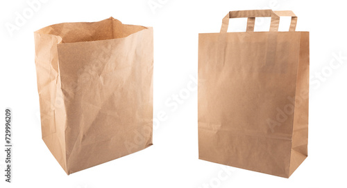 Two yellow empty blank disposable paper fast food tray isolated on white background. Paper bag isolated. Paper package