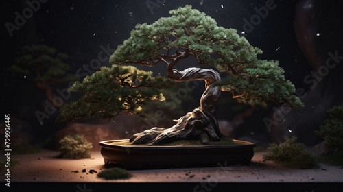 Juniper bonsai nestled in a serene Zen garden at dusk.