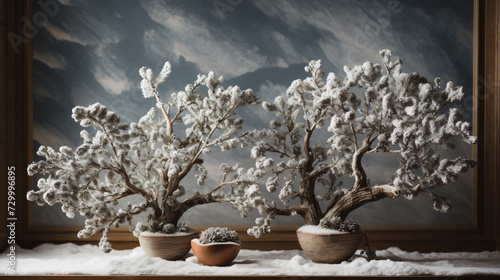 Juniper branches adorned with snowfall in a winter landscape.