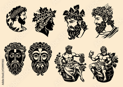Bacchus / Dionysus - Greek god of wine-making, festivity, insanity, ritual madness, religious ecstasy, and theatre. Vector pack of 8 different representations of the Bacchus / Dionysus. photo