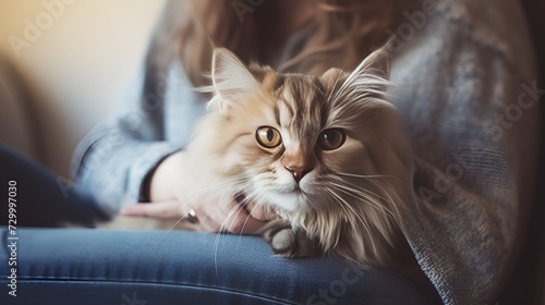 Person with a cat on lap content in a plain background setting   person  cat on lap  content  plain background