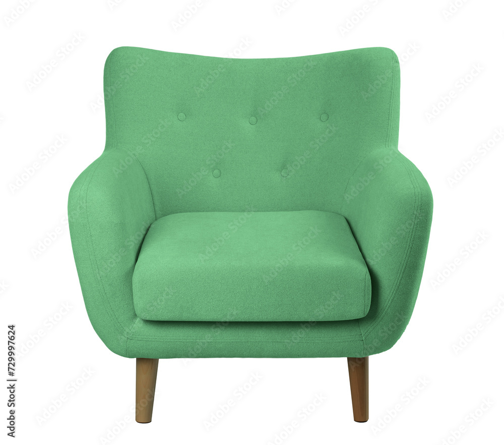 wide upholstered armchair with fabric upholstery on wooden legs in retro style, isolated on a white background wide upholstered armchair with fabric upholstery on wooden legs in retro style, isolated on a white background