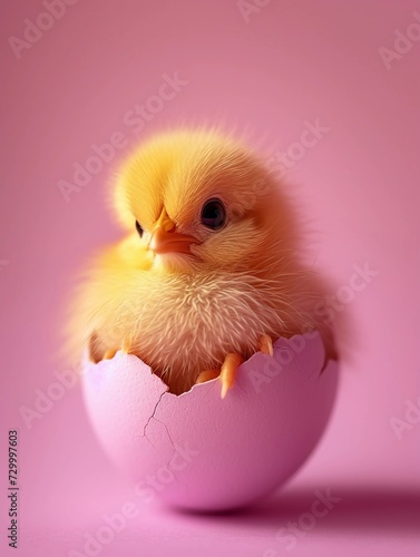 Cute small chick sitting in cracked eggshell. Pink solid-colored minimalist background. Easter greeting card or invitation. Springtime vertical poster. AI Generated