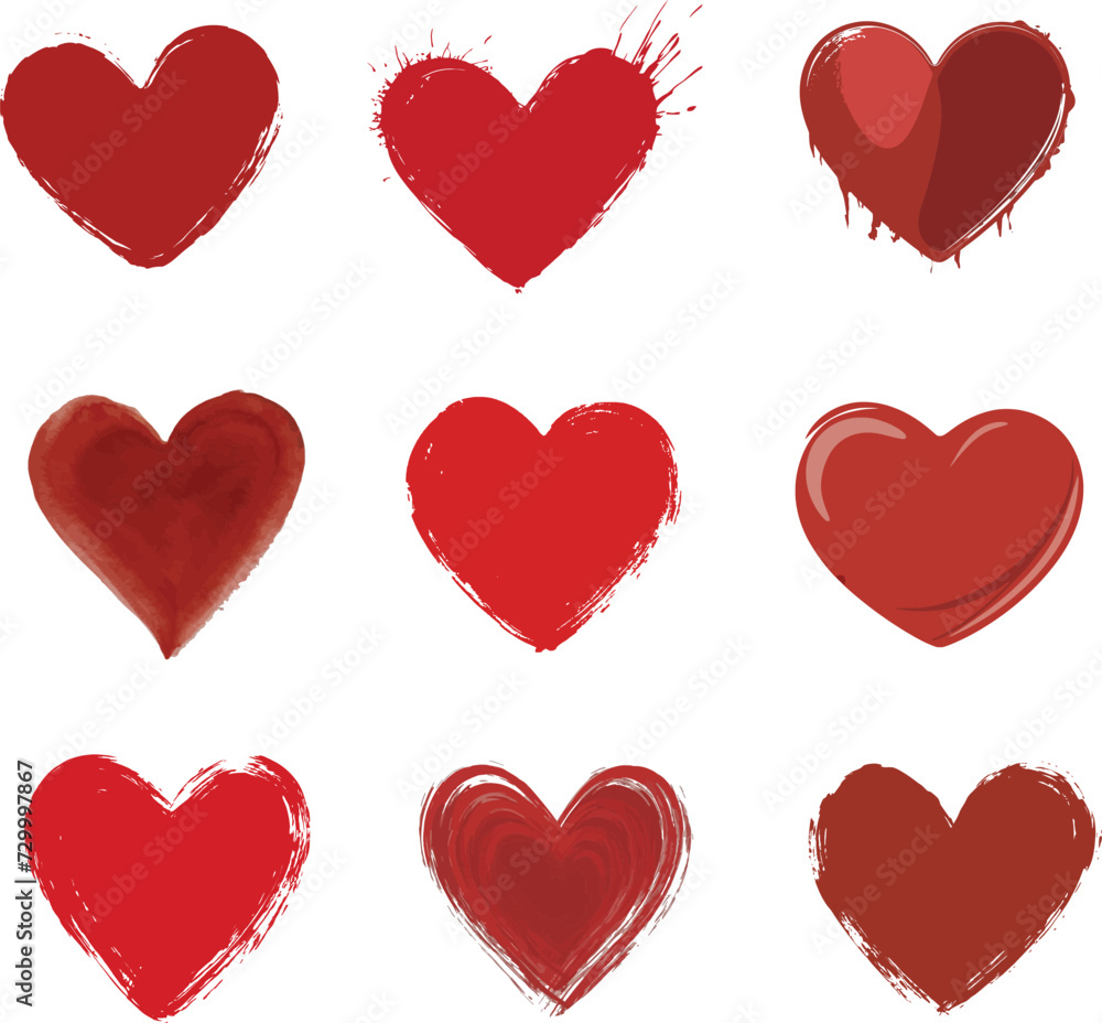 Set of red hearts isolated on a white background.
