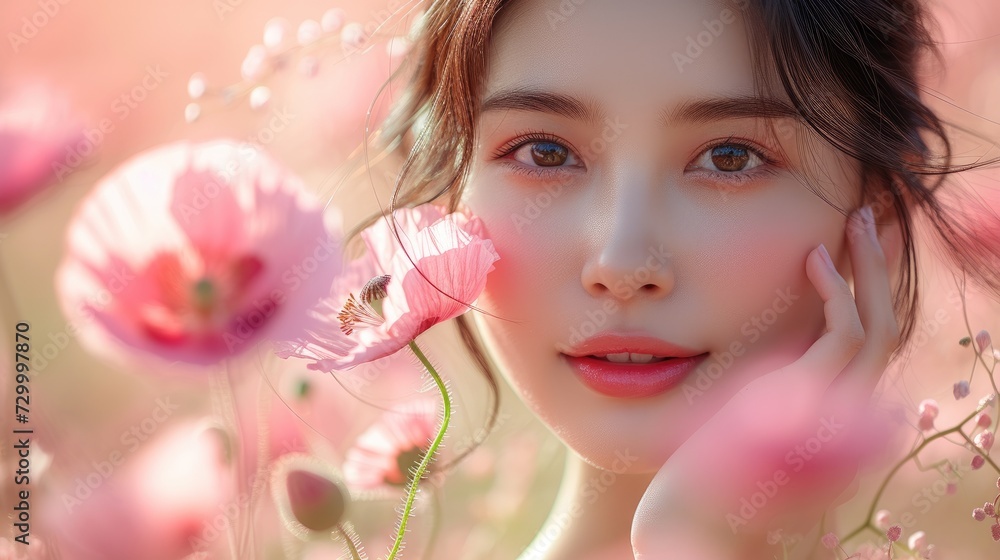 Korean Beauty Surrounded by Soft Pink Poppies Portrait.