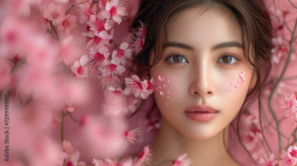 Korean Beauty Portrait with Cherry Blossoms in Soft Pink.