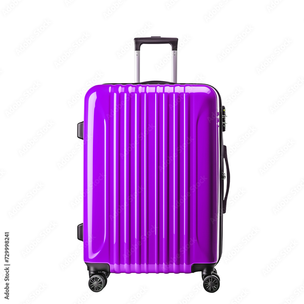 Fototapeta premium purple suitcases isolated on transparent background, Realistic luggage bag. Large suitcase with metal handle and wheels for vacation travel or business trip
