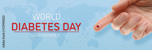 World Diabetes Day, banner design. Woman with pricked finger and blood drop, top view. Illustration of world map on light blue background photo