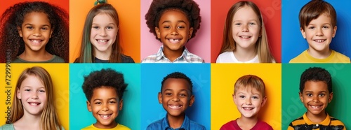 Diverse Group of Kids Smiling Against Colorful Backgrounds.