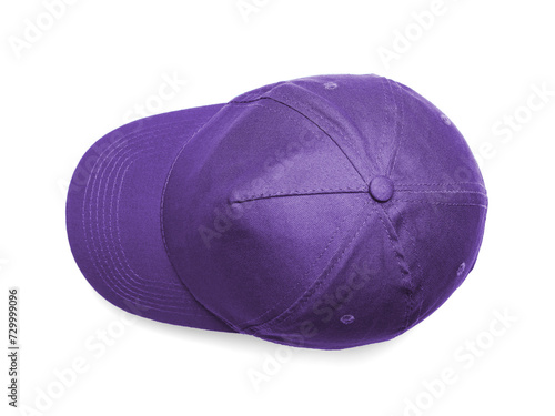 Stylish purple baseball cap isolated on white, top view