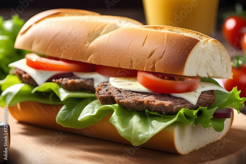 Fresh and tasty sandwich with beef, cheese, tomato, and lettuce on a wooden table.