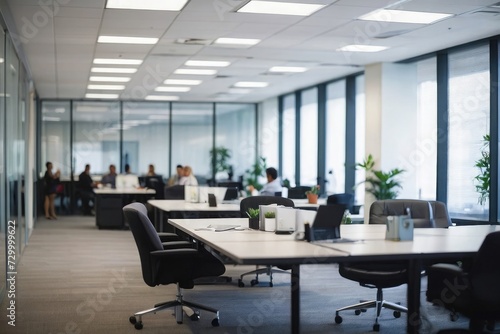 Modern Office Building Interior with Chair, Table, and Big Glass Windows