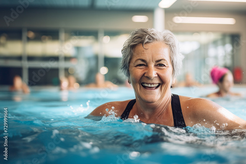 An older woman has fun doing aquagym in the pool.