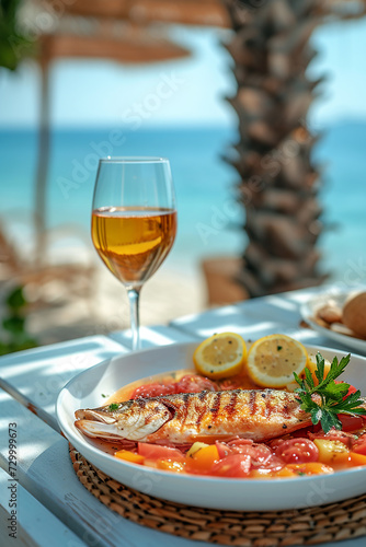 Grilled fish served with Mediterranean herbs and spices. AI generative.