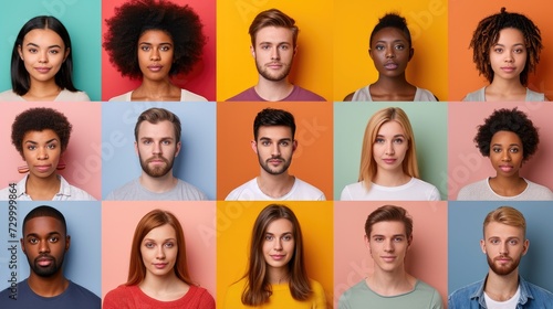 A Tapestry of Diverse Faces Against Colorful Backgrounds.