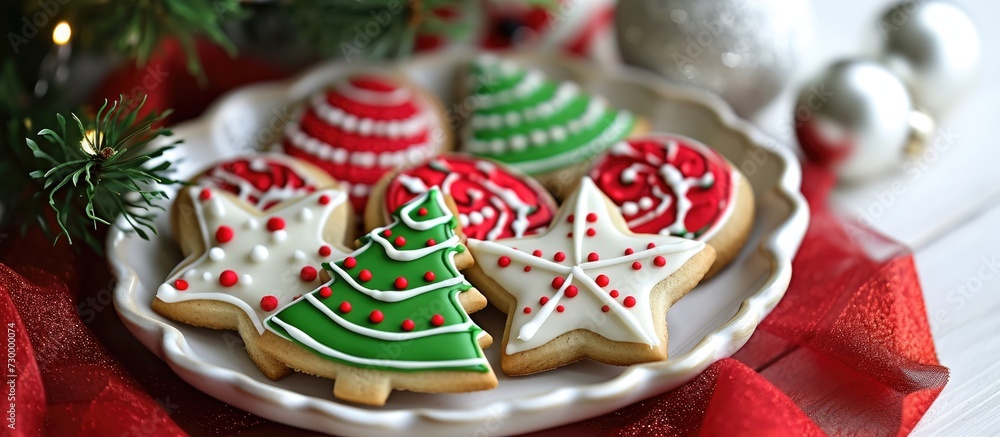 Decorated plate of Christmas cookies with royal icing
