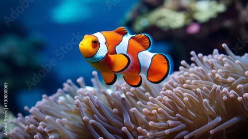 Close-up of a striped orange white Ocellaris clown fish swimming near a pink coral colony in the ocean. Marine life, animals, nature concepts.