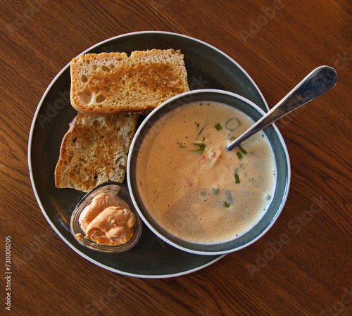 Fish soup with bread in Norway, Europe 
