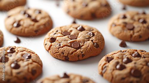 Delicious chocolate chip cookies flying in air on blurred background, closeup 