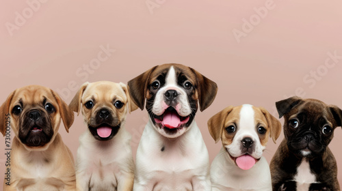 lineup of five adorable puppies with a plain background  each displaying a unique expression.