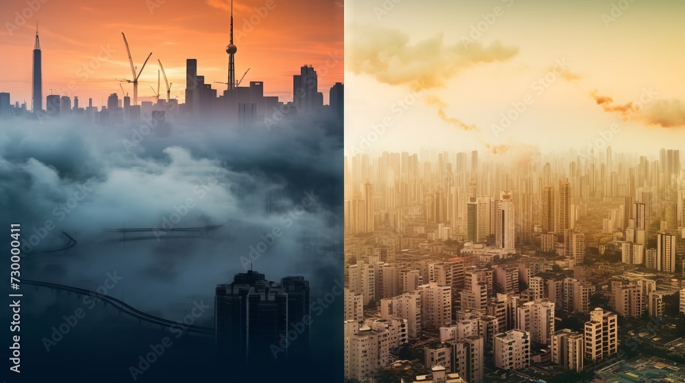 Obraz premium Double exposure of cityscapes at the moment of sunset and dawn with bright, contrasting shades with the dynamics and energy of city life. Concept: city life, event advertising