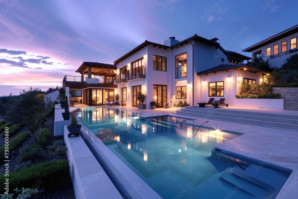 Twilight Elegance: Architectural Masterpiece with Backyard Swimming Pool