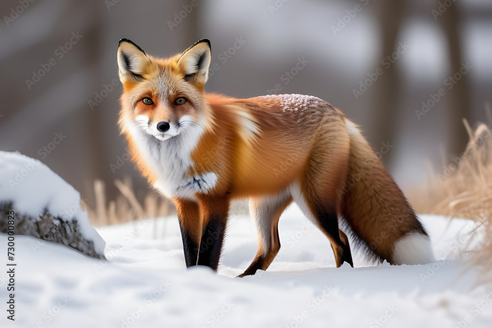 A majestic red fox stands in the snow, looking alert and curious. A majestic red fox stands in the snow, looking alert and curious.
