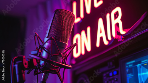 professional studio microphone with a  LIVE ON AIR  neon sign illuminated in the background  suggesting a live broadcasting or recording session.